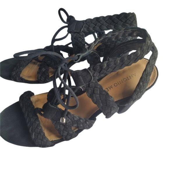 ANTONIO MELANI Block Heel Sandals SZ 8 Leather Round Open Toe Strapy‎ Braided 4" - Picture 11 of 12